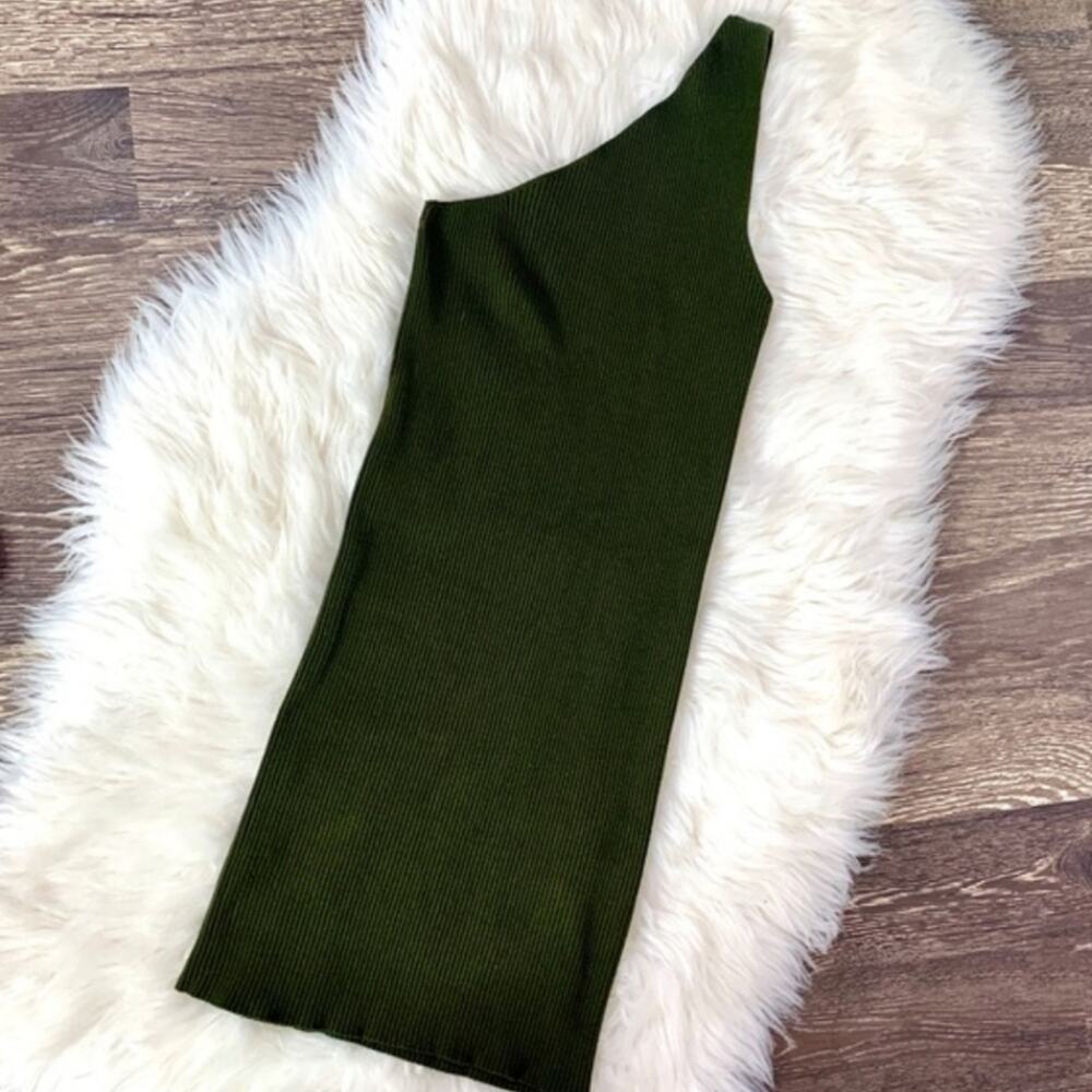 Zara Ribbed Knit One Shoulder Bodycon Mini Dress Olive Green Stretchy S - Picture 7 of 8